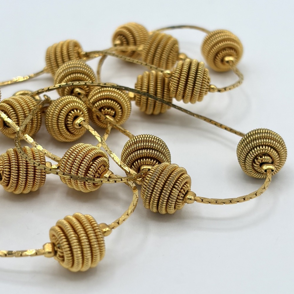 Vintage Napier Gold Tone Coiled Wire Bead Station Necklace Long Serpentine Chain